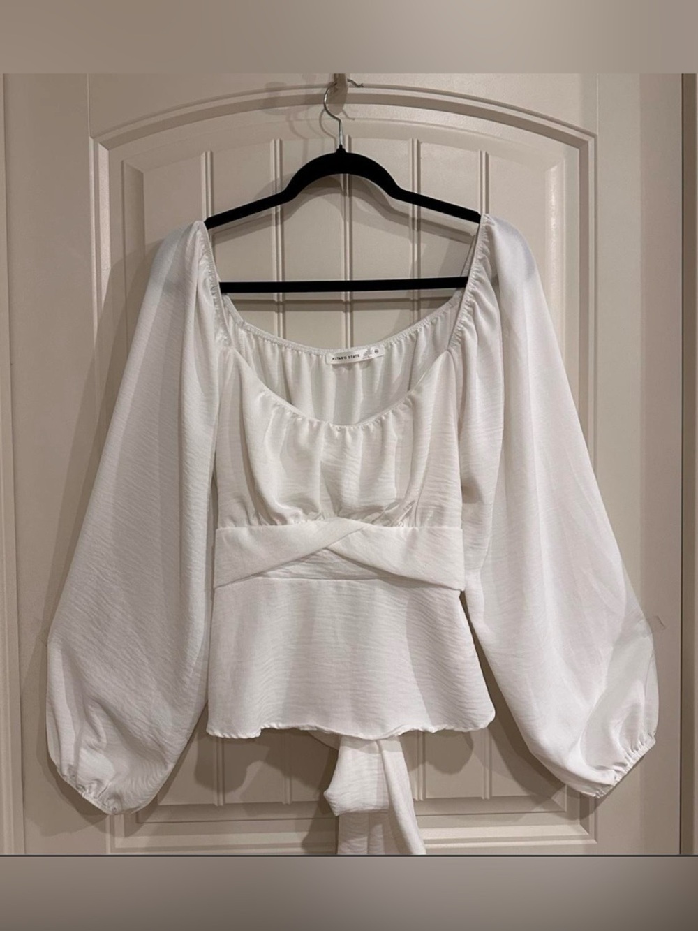Altar'd State White Puff-Sleeve Peasant Blouse with Waist Tie